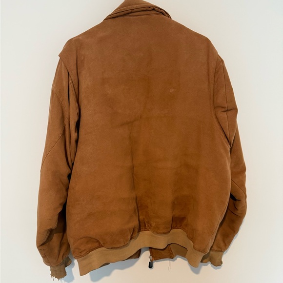 Vintage Tan Bomber Jacket with Ribbed Cuffs and Native American Wolf Style - Picture 7 of 8